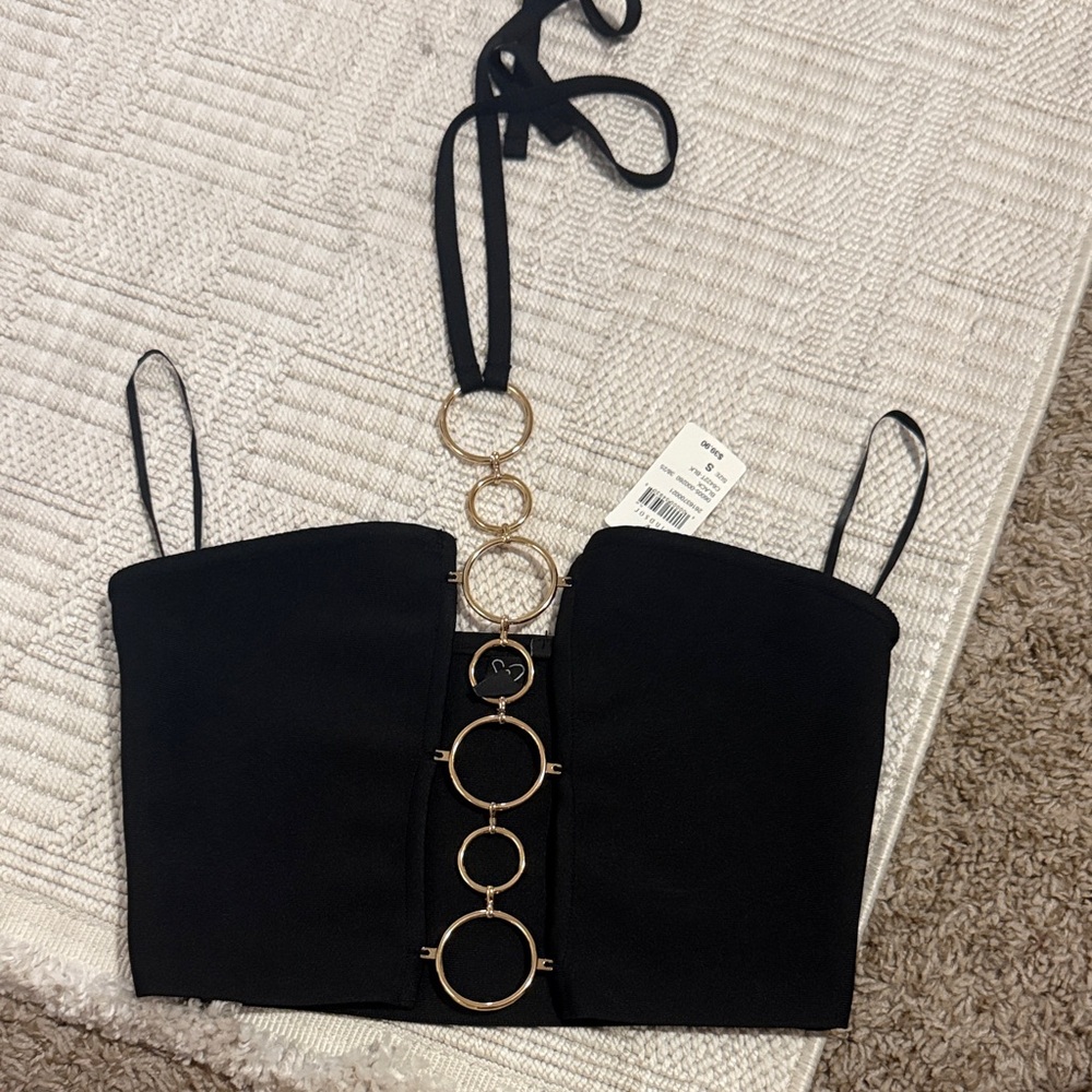 Windsor Black Halter Crop Top with Gold Ring Detail